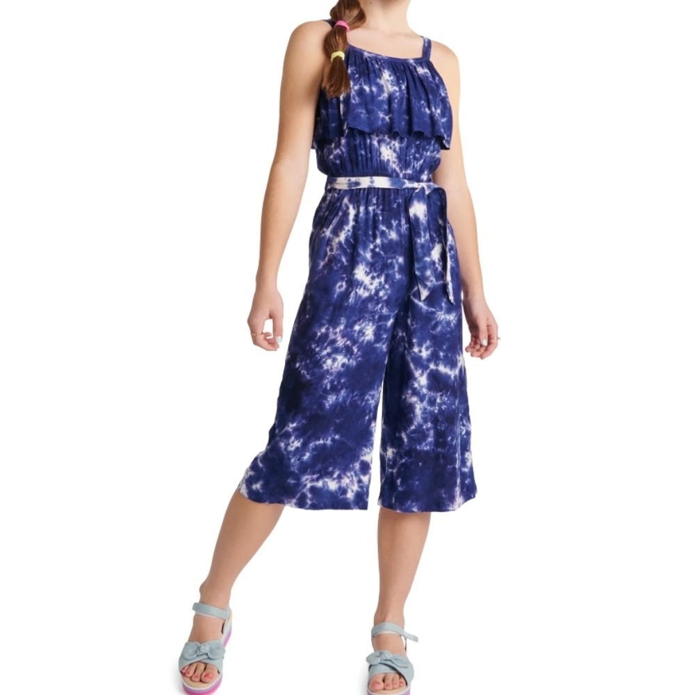 Justice Girls size small 7/8 blue tie dye Flounce Top tank capri Jumpsuit